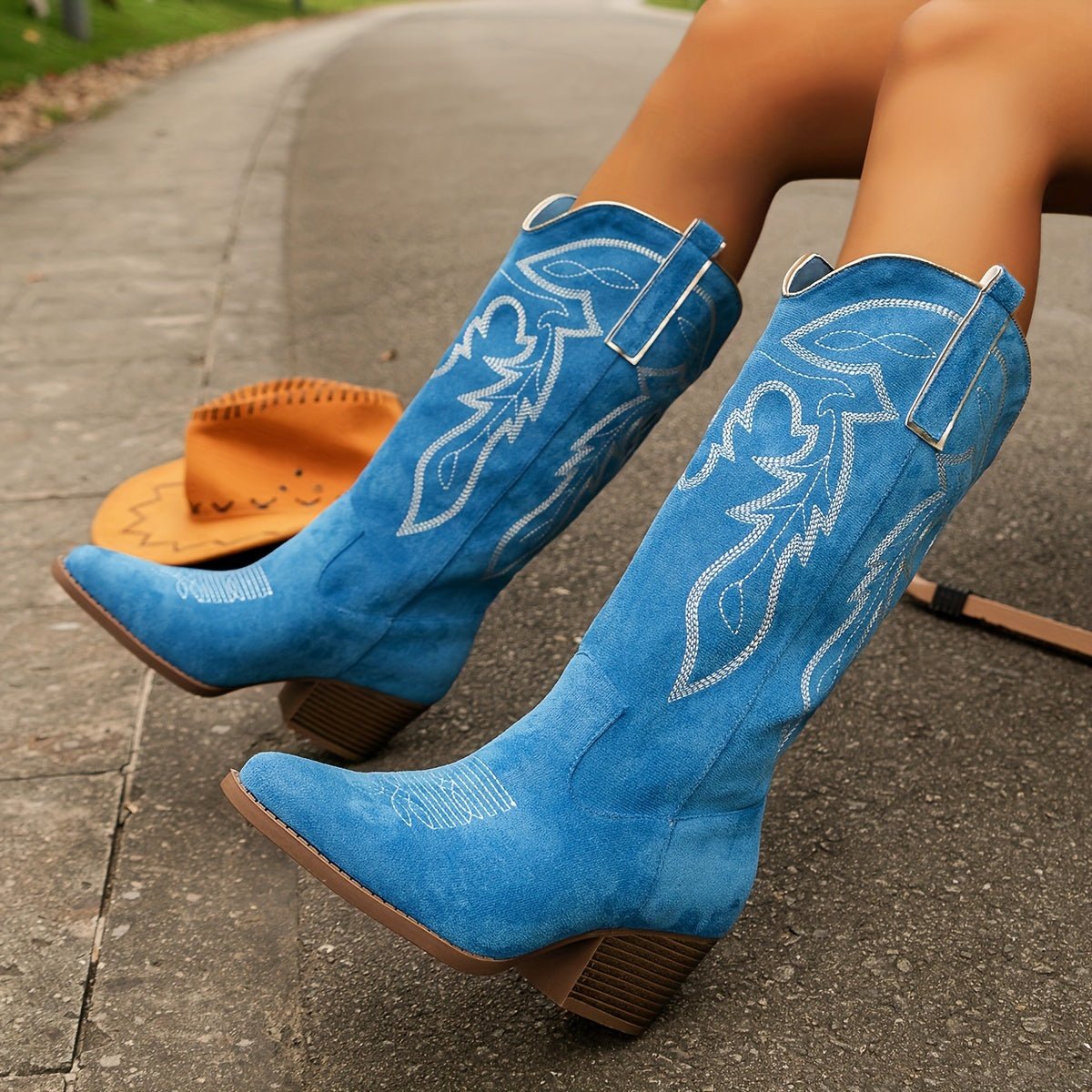 Women embroidered western cowboy boots wide calf block heel