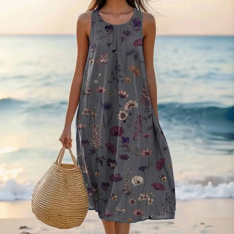 Floral cotton midi dress sleeveless oversized with deep side pockets, casual summer style