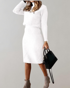 Women 2 piece knit turtleneck sweater and slim skirt set in multiple colors