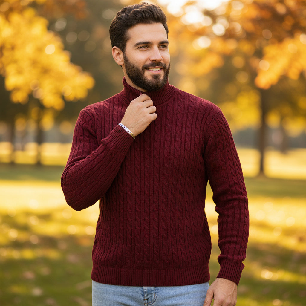 Elegant Men's Turtleneck Sweater - Exquisite Braided Pattern