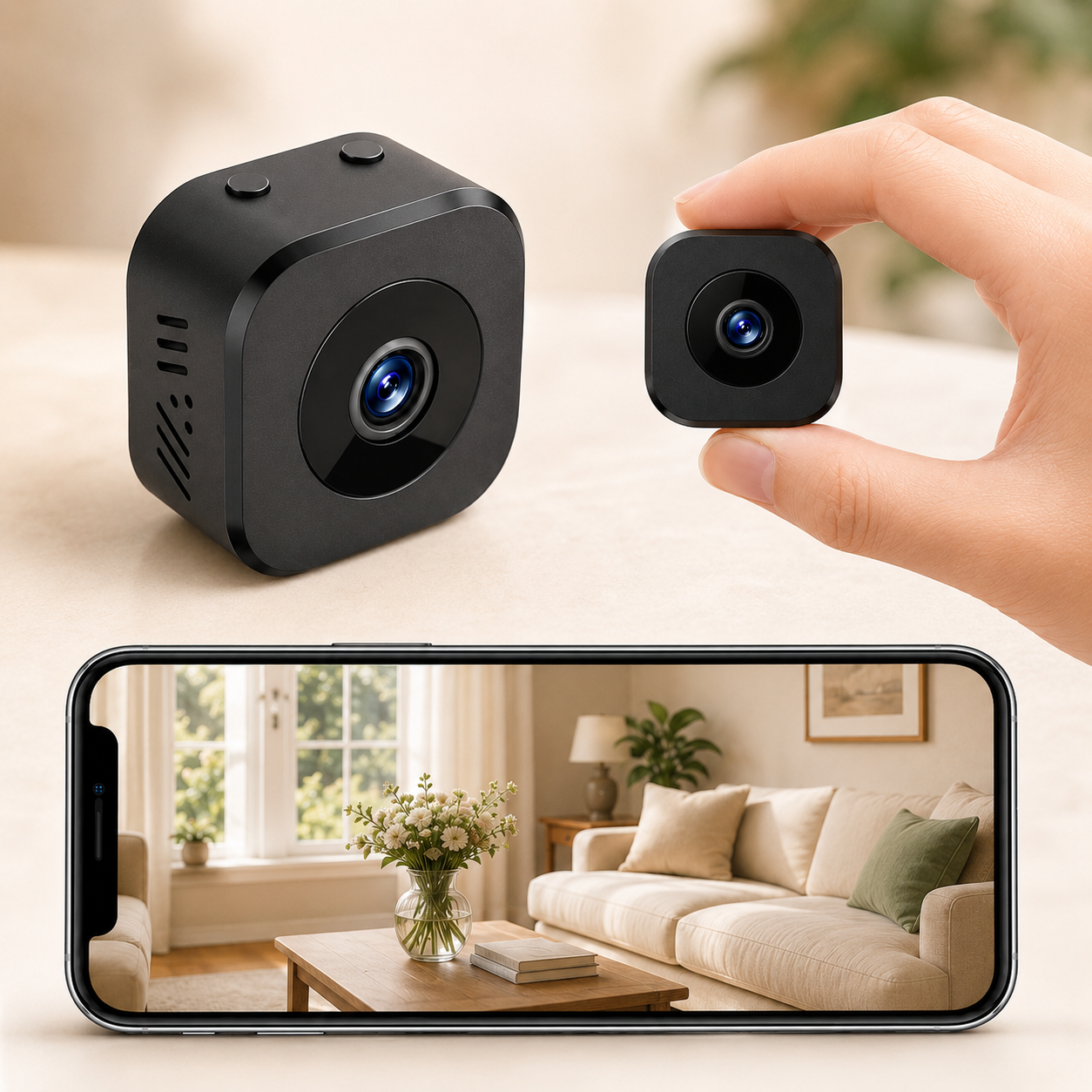 1080P wireless security camera with night vision and magnetic mount, compact indoor design