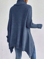 Women asymmetric hem turtleneck sweater in light khaki and dark blue
