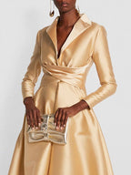 Women's A-line high waist V-neck long sleeve pleated maxi dress in multiple colours