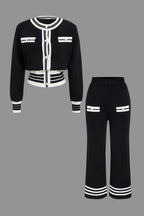 Women's knit two-piece set with cropped cardigan and wide-leg pants, black and white