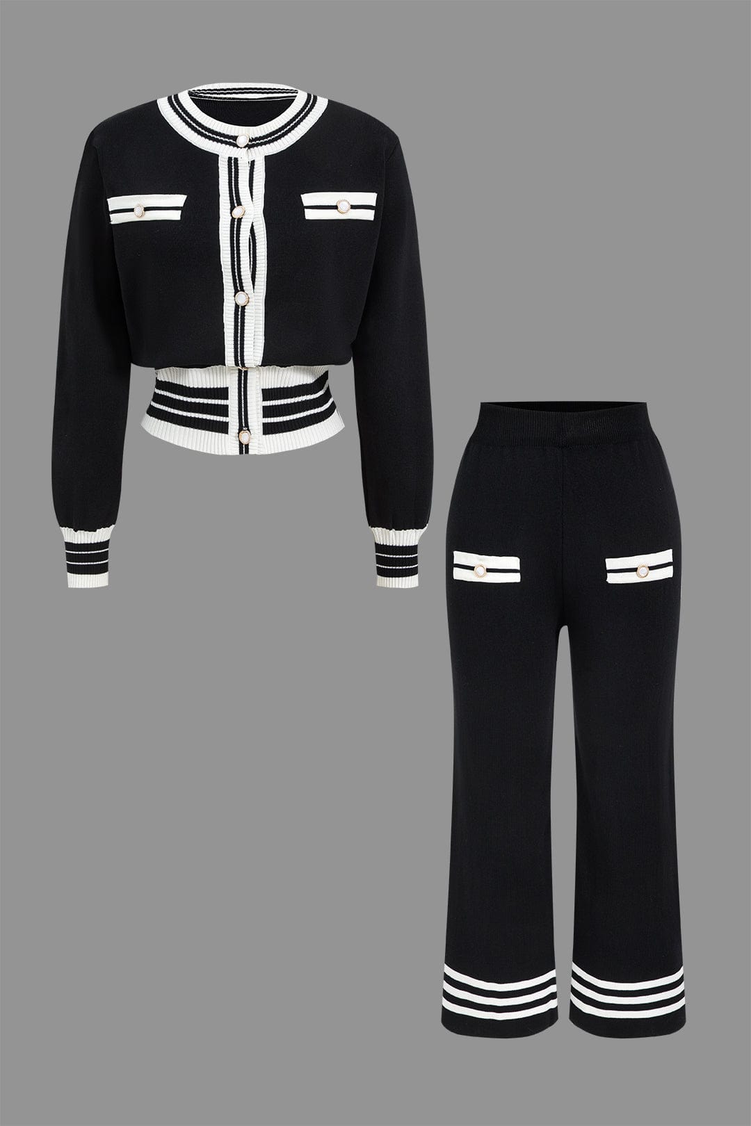 Women's knit two-piece set with cropped cardigan and wide-leg pants, black and white