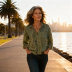 Women's cotton blouse with vintage print and long sleeves, relaxed fit summer shirt