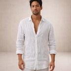 Men's linen shirt casual breathable long sleeve open collar