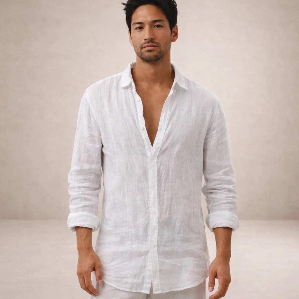Men's linen shirt casual breathable long sleeve open collar