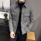 Men plaid shirt jacket relaxed fit button-up in grey and taupe