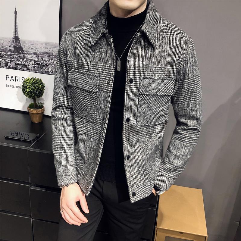 Men plaid shirt jacket relaxed fit button-up in grey and taupe