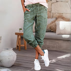Women cargo pants relaxed fit with multi-pocket design and elastic ankle cuffs