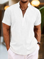 Men's linen shirt with Henley collar and short sleeves, breathable summer fit