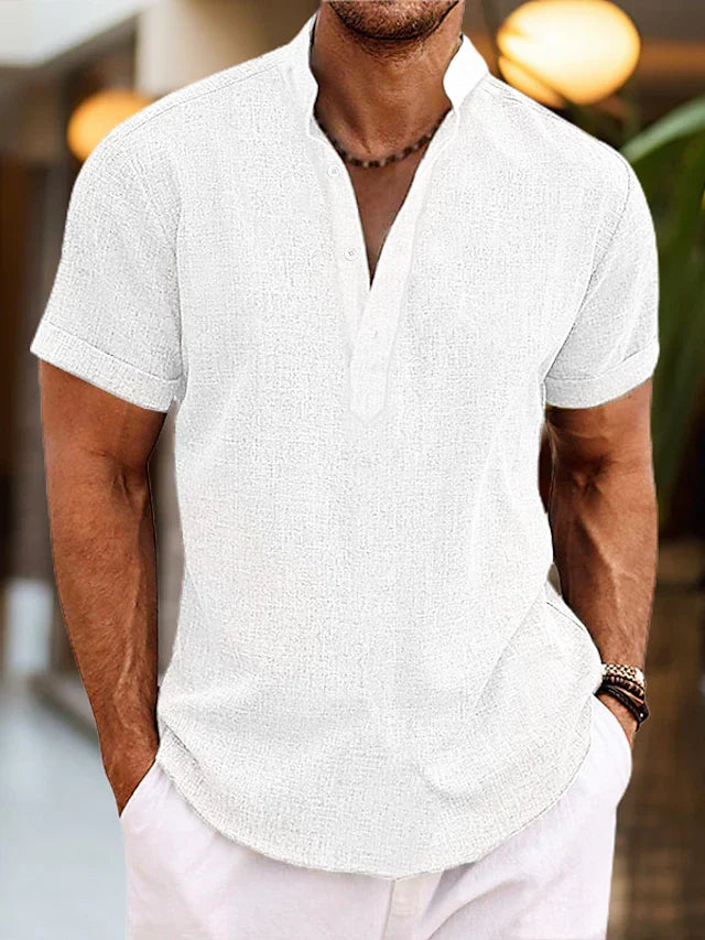 Men's linen shirt with Henley collar and short sleeves, breathable summer fit