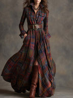Women's shirt dress button-down plaid relaxed fit, available in reddish-brown, green, blue, black