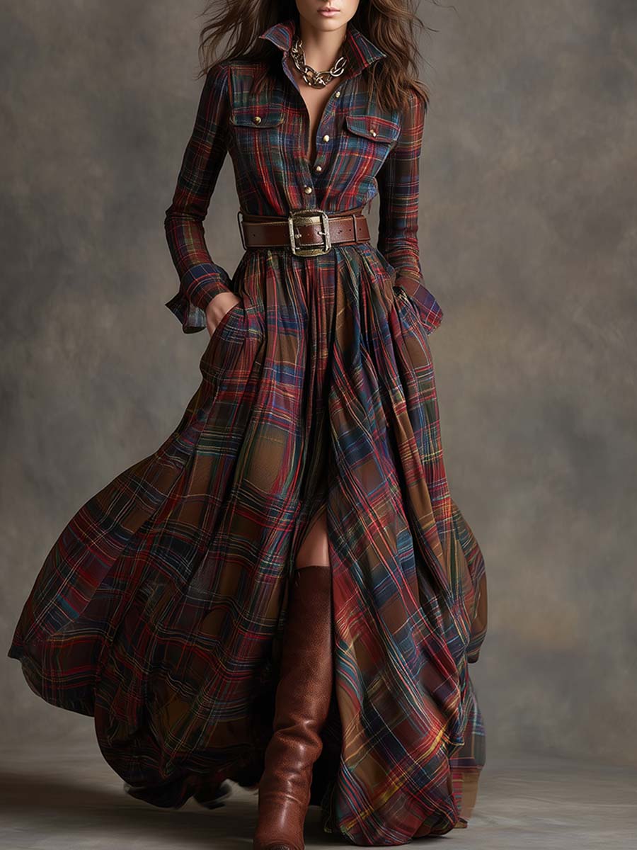 Women's shirt dress button-down plaid relaxed fit, available in reddish-brown, green, blue, black