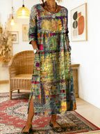 Women's denim dress with ethnic patchwork detail, loose fit boho summer style