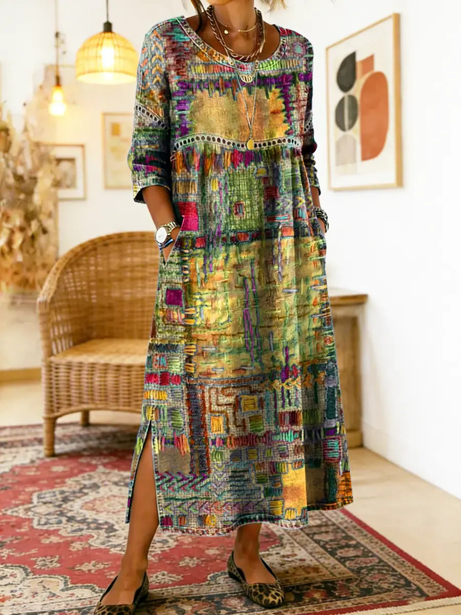 Women's denim dress with ethnic patchwork detail, loose fit boho summer style