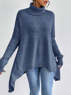 Women knit sweater high neck asymmetric hem relaxed fit