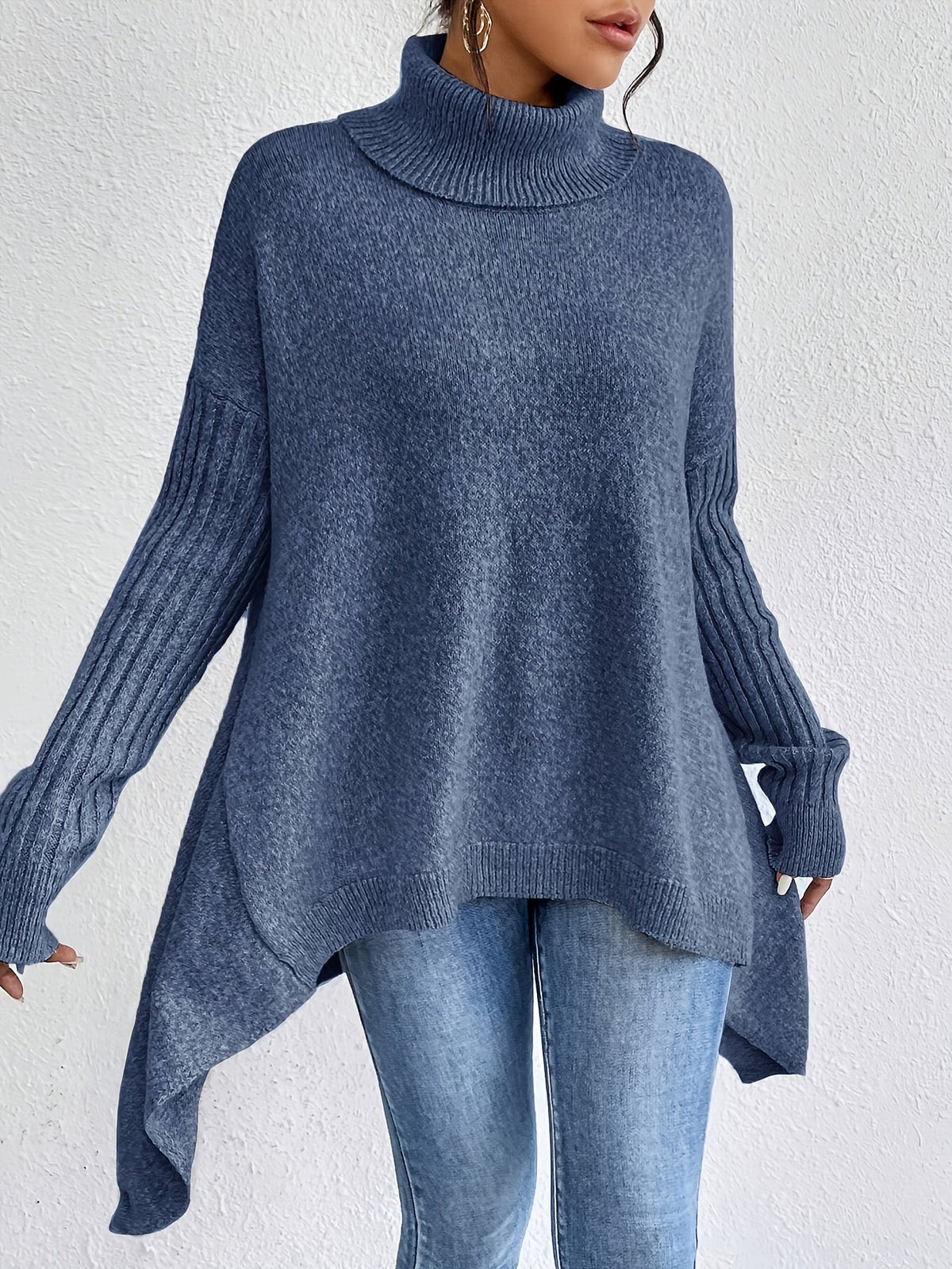 Women knit sweater high neck asymmetric hem relaxed fit
