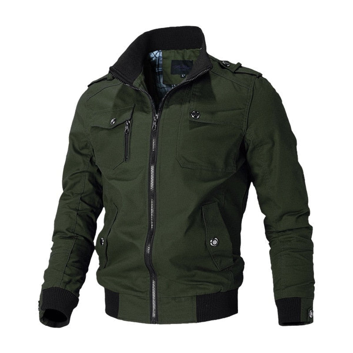 Men cotton blend military bomber jacket with shoulder epaulettes and zip pockets