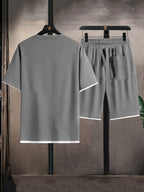 Men's two-piece waffle fabric set, relaxed fit, T-shirt and shorts in black and beige