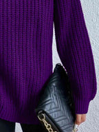Women ribbed knit turtleneck sweater with side slit hem, autumn winter
