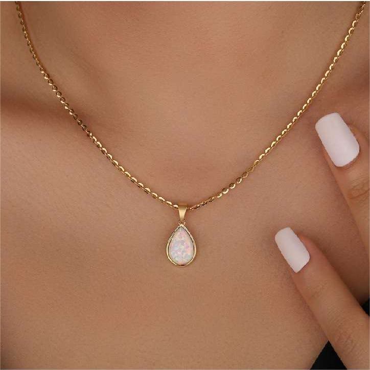 Opal drop pendant necklace 18K gold teardrop natural opal minimalist