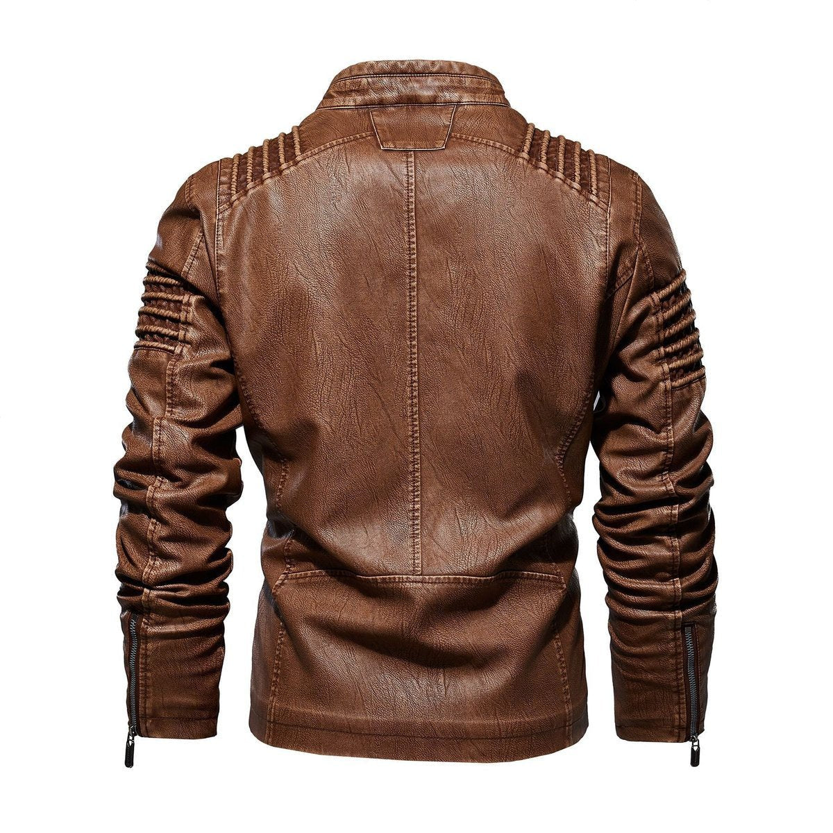 Men's faux leather biker jacket with ribbed sleeves and fleece lining, slim fit