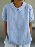 Women short sleeve blouse with open collar in soft woven fabric
