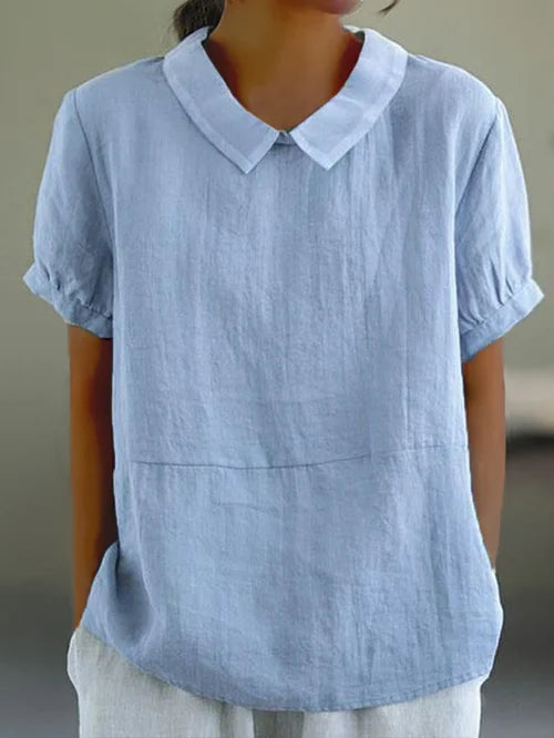 Women short sleeve blouse with open collar in soft woven fabric