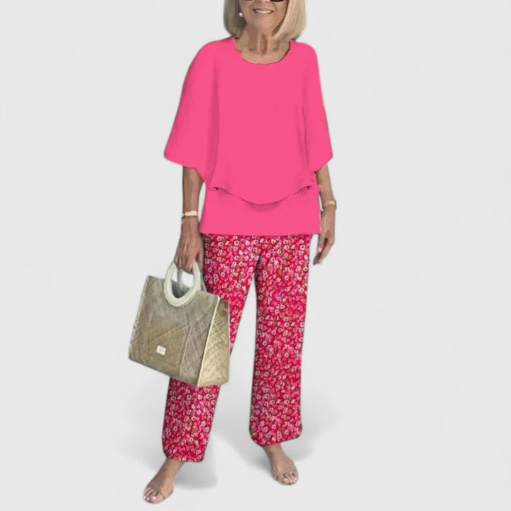 Women's two-piece pant set with relaxed fit top and wide leg pants, casual coordinated outfit