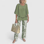 Women's two-piece pant set with relaxed fit top and wide leg pants, casual coordinated outfit