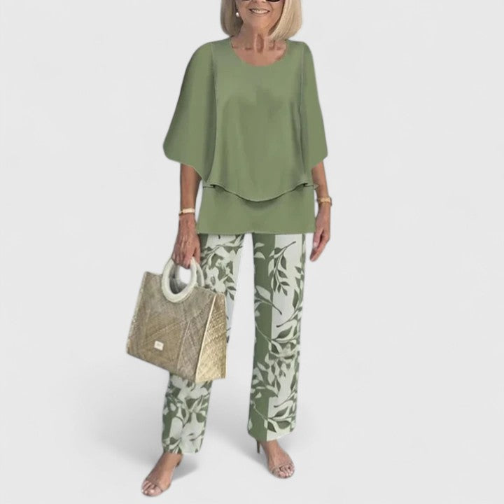 Women's two-piece pant set with relaxed fit top and wide leg pants, casual coordinated outfit