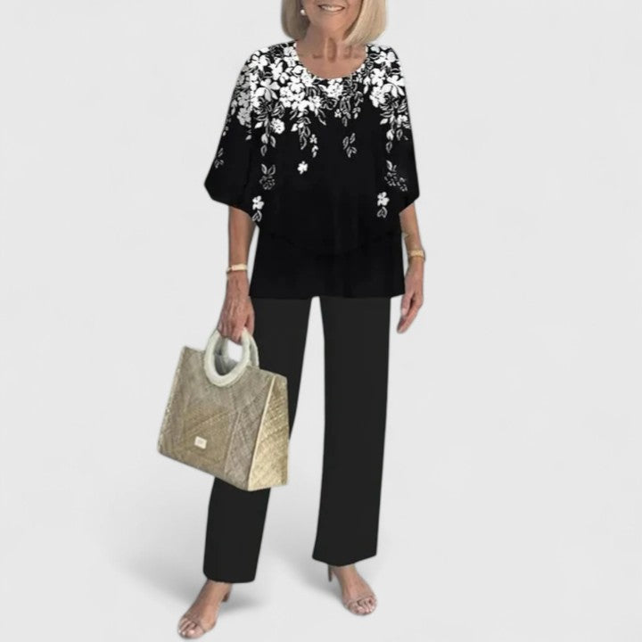 Women's two-piece pant set with relaxed fit top and wide leg pants, casual coordinated outfit