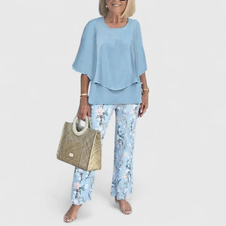 Women's two-piece pant set with relaxed fit top and wide leg pants, casual coordinated outfit