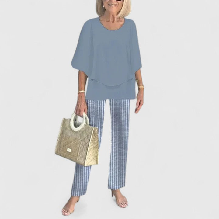 Women's two-piece pant set with relaxed fit top and wide leg pants, casual coordinated outfit