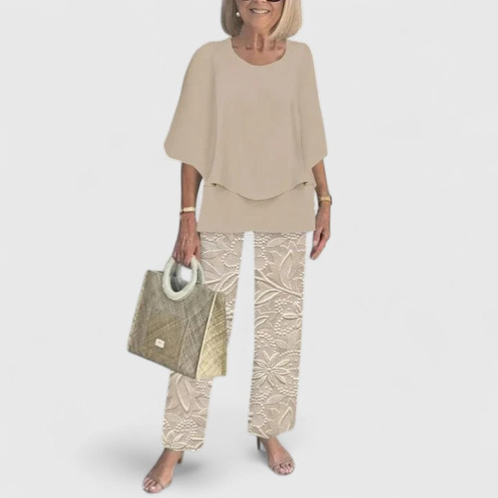 Women's two-piece pant set with relaxed fit top and wide leg pants, casual coordinated outfit