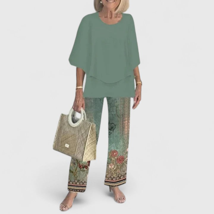 Women's two-piece pant set with relaxed fit top and wide leg pants, casual coordinated outfit