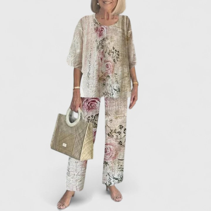 Women's two-piece pant set with relaxed fit top and wide leg pants, casual coordinated outfit