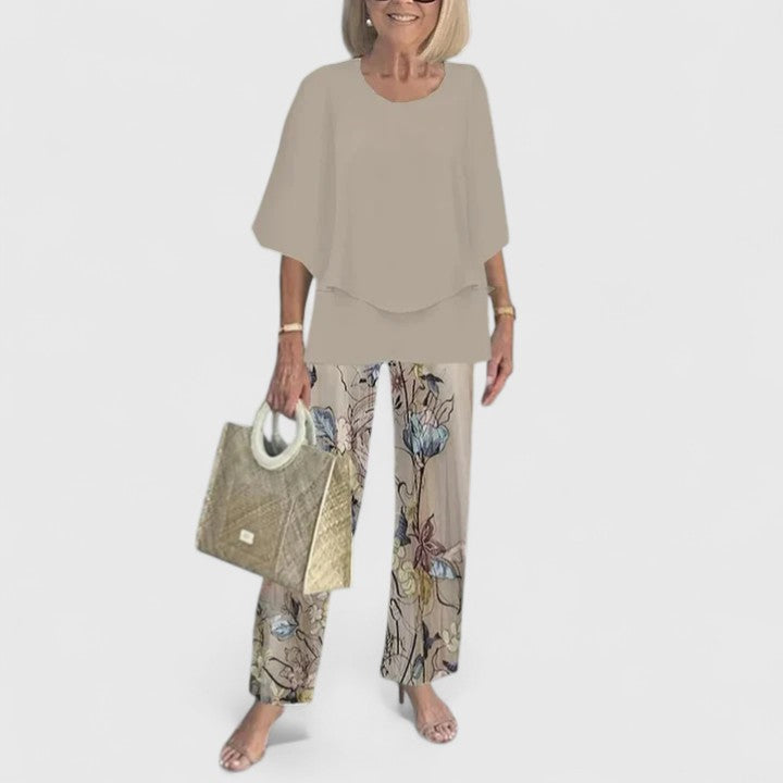 Women's two-piece pant set with relaxed fit top and wide leg pants, casual coordinated outfit