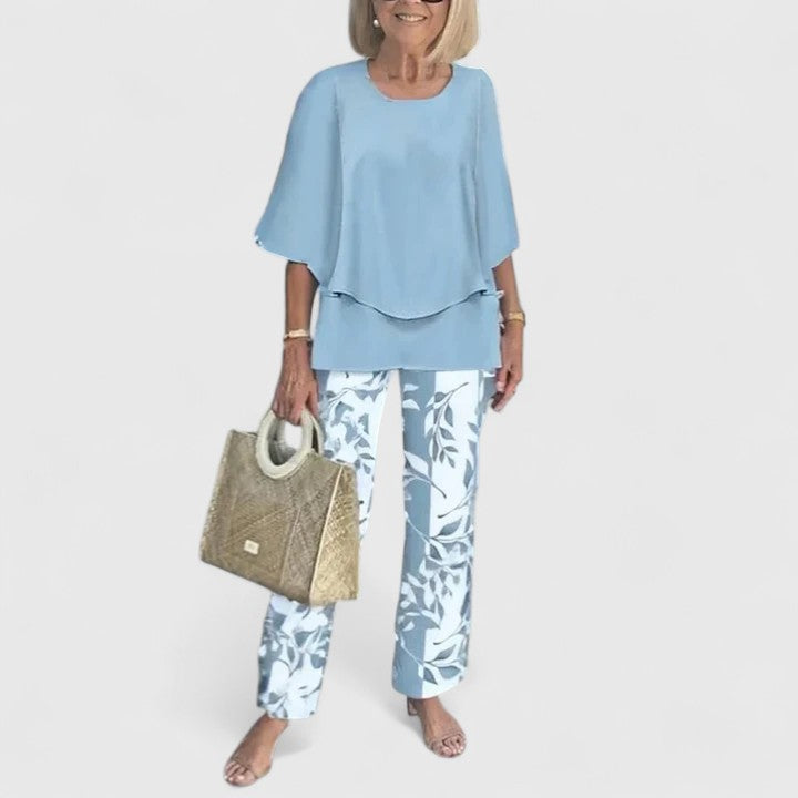 Women's two-piece pant set with relaxed fit top and wide leg pants, casual coordinated outfit