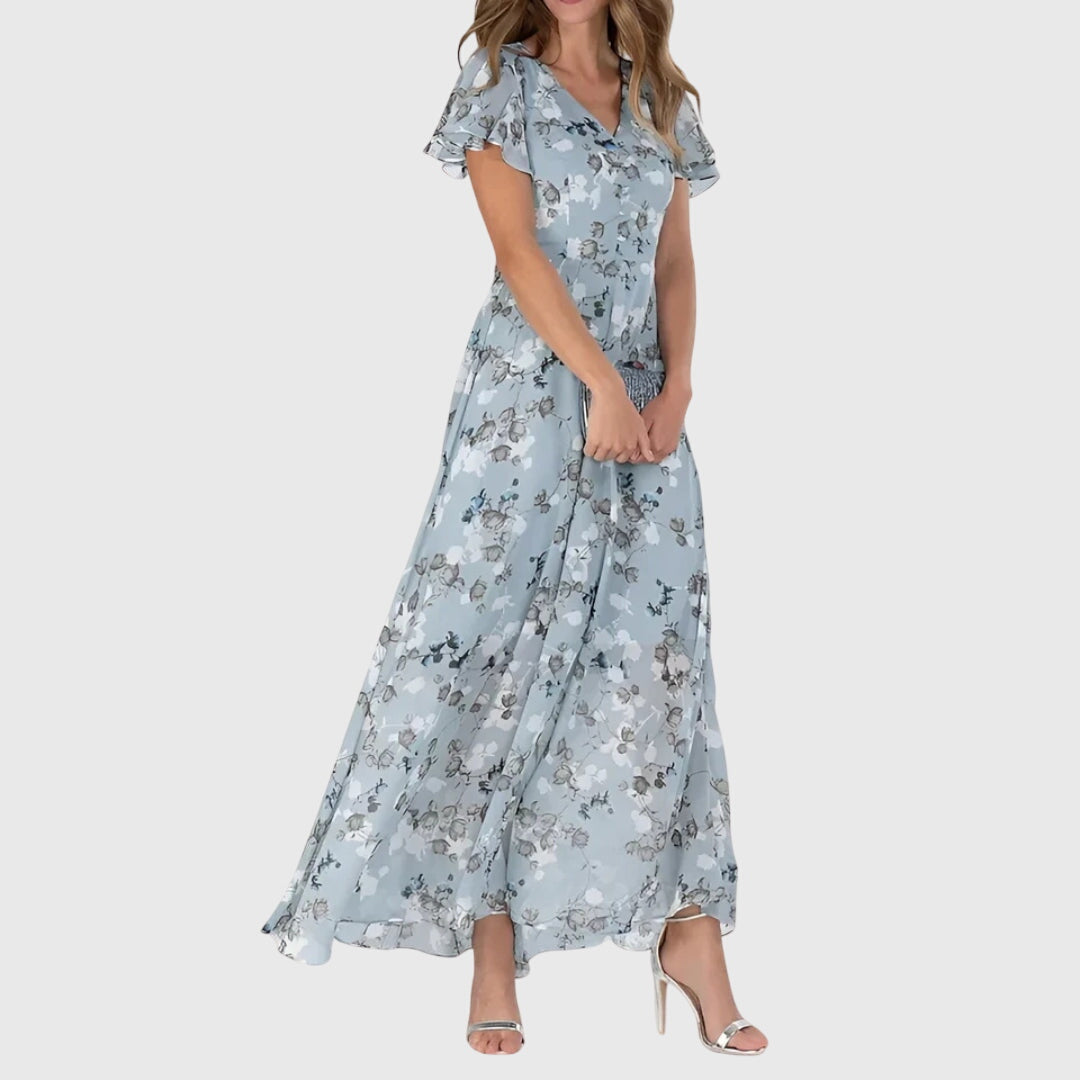 Women's floral maxi dress with V-neck and flutter sleeves, A-line summer dress