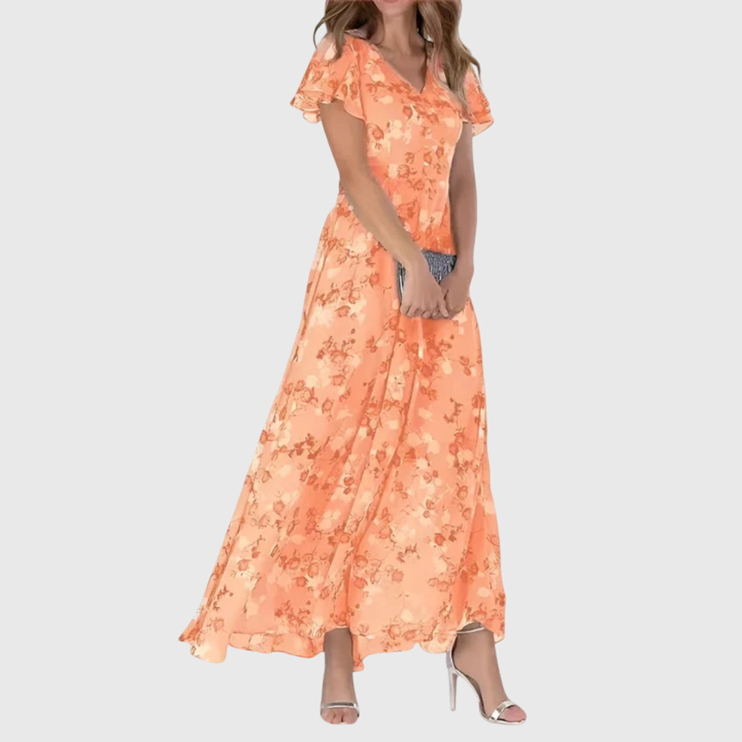 Women's floral maxi dress with V-neck and flutter sleeves, A-line summer dress