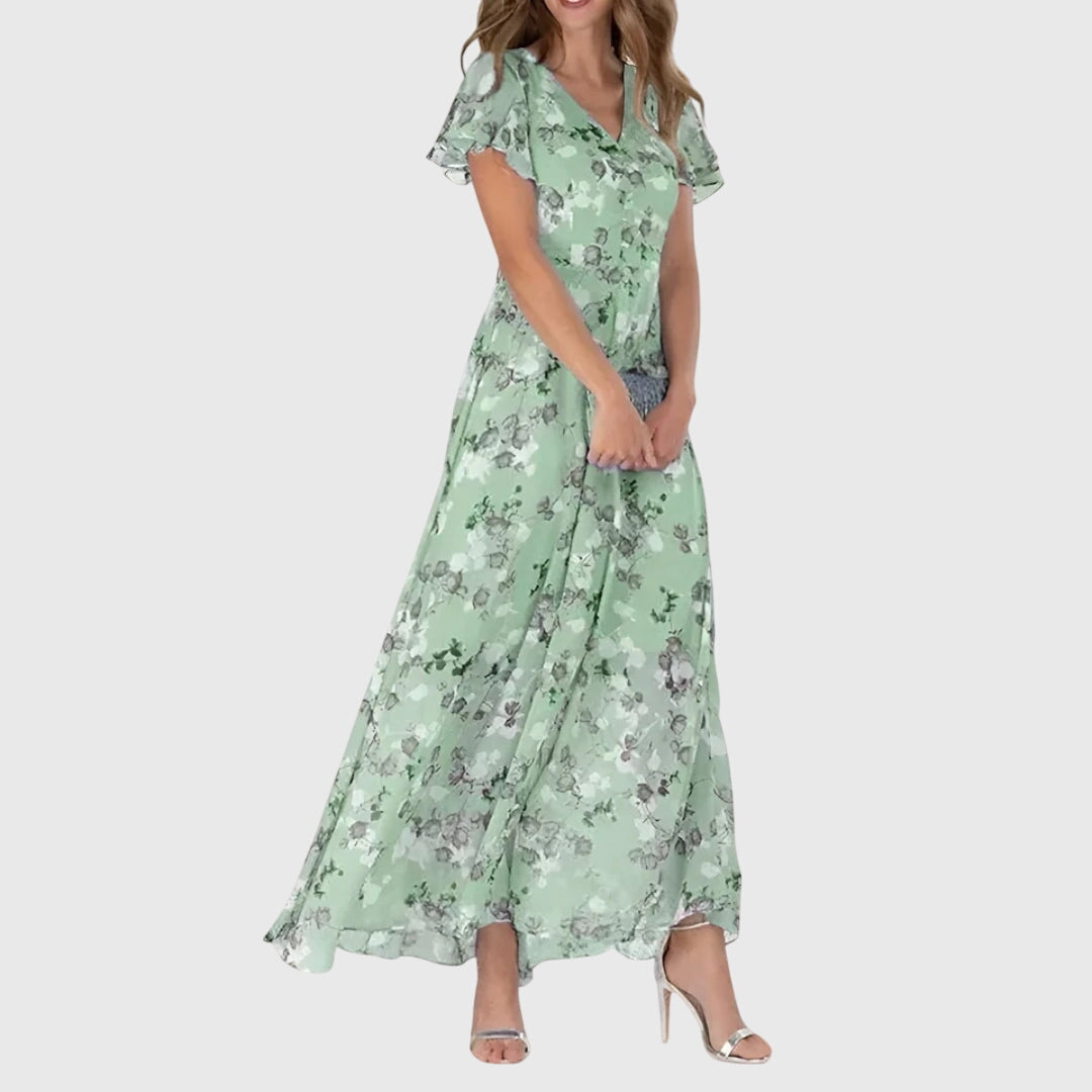 Women's floral maxi dress with V-neck and flutter sleeves, A-line summer dress