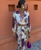 Women's summer blouse and skirt set, floral V-neck two-piece coordinates