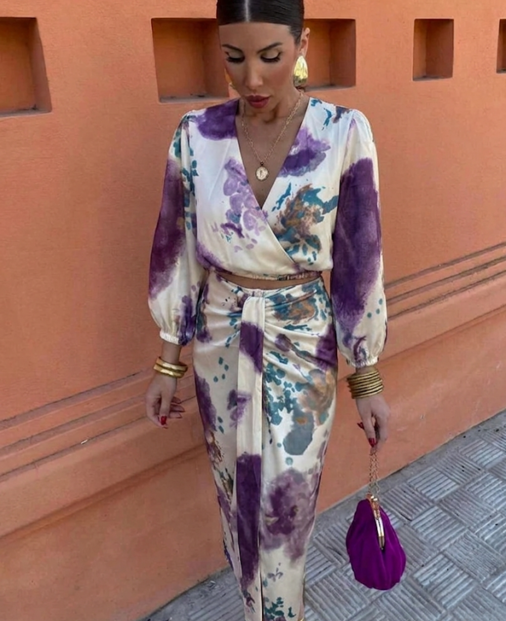 Women's summer blouse and skirt set, floral V-neck two-piece coordinates