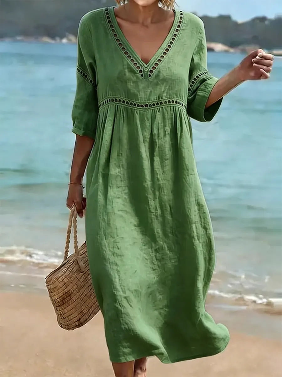 Women's soft-touch V-neck dress with side pockets, short sleeves, everyday casual wear