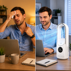 Portable bladeless air cooler, quiet and compact design for home and office use