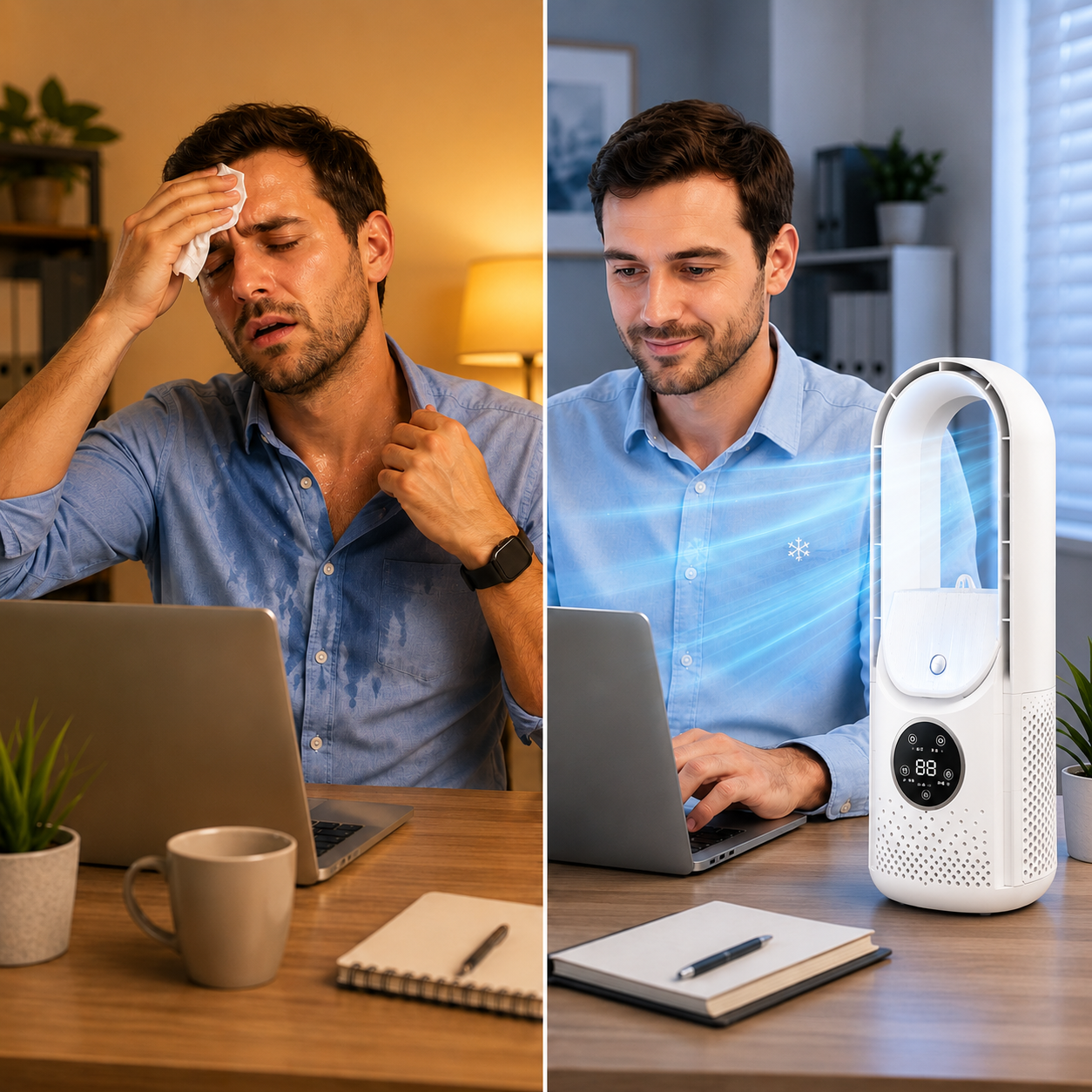 Portable bladeless air cooler, quiet and compact design for home and office use