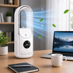 Portable bladeless air cooler, quiet and compact design for home and office use